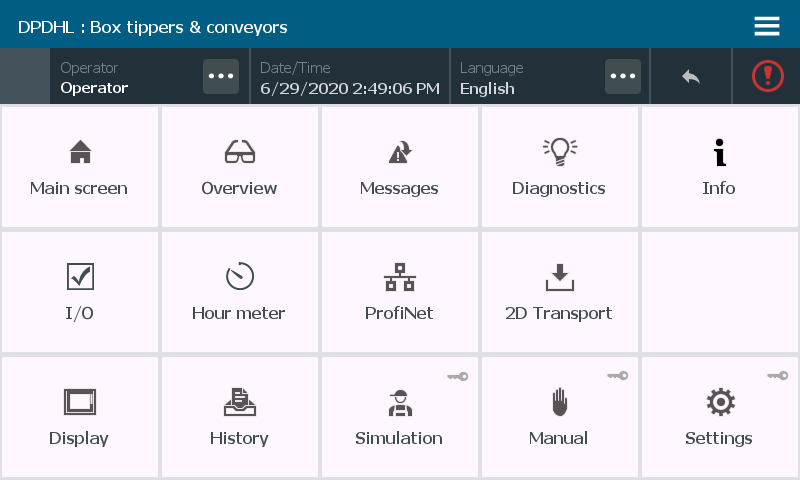 Menu bedieningsscherm machine prodict